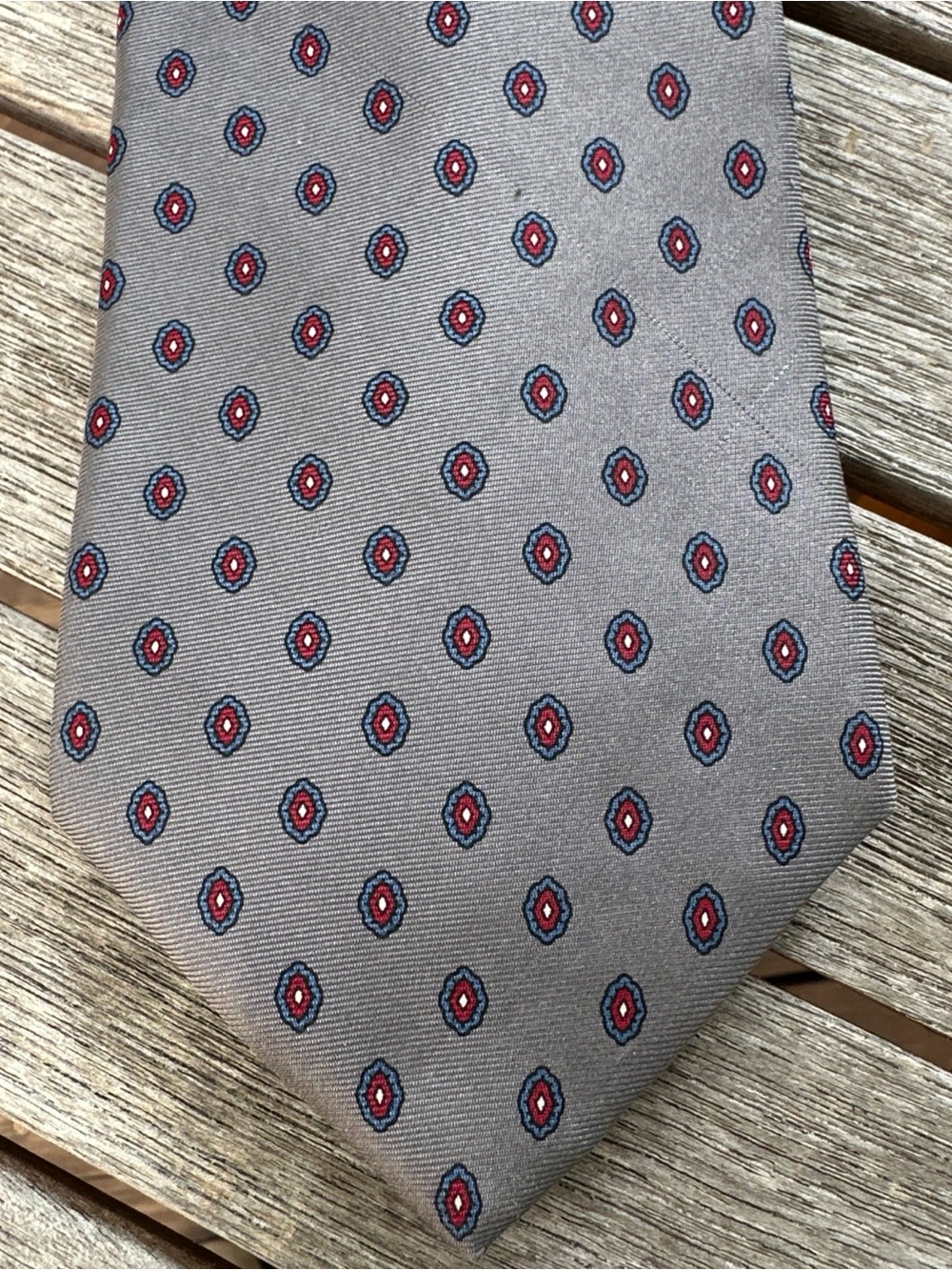 Christian Dior - Silk Woven Men’s Tie - Gray Red Blue Geometric Print - Preppy
